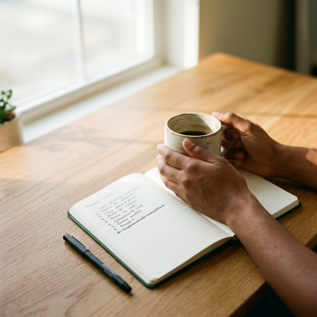 Hands holding coffee beside a laptop